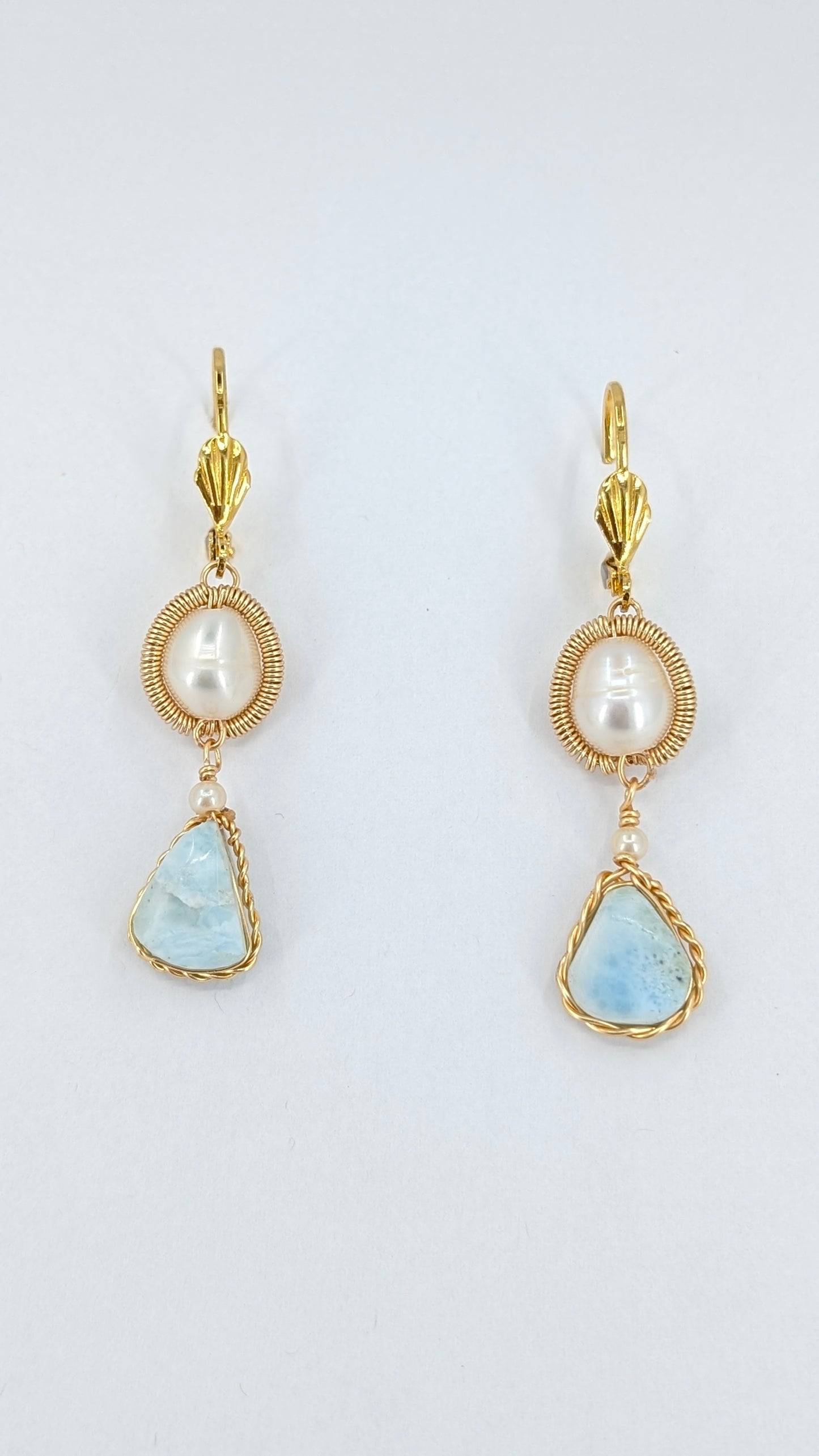 Mystic Aura River pearl and larimar sunshine halo dangler earrings