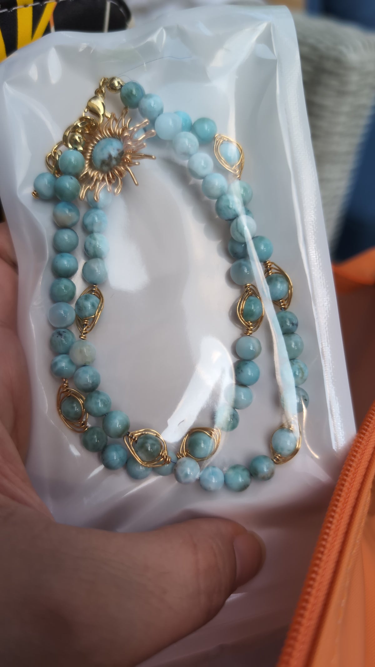 Necklace bead larimar and sunshine bigger