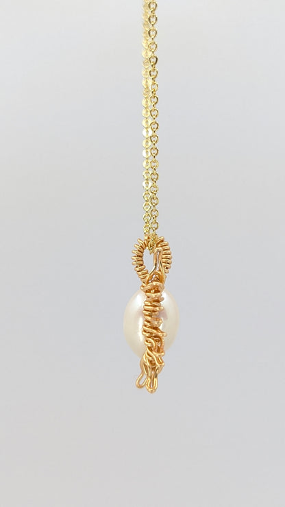 Handcrafted half sun pendant necklace with freshwater pearl on a gold-tone adjustable chain