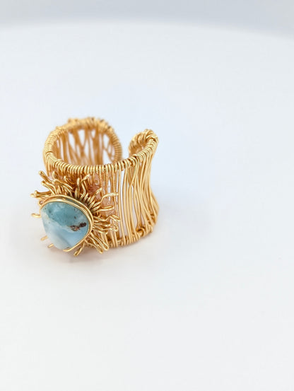 Flat larimar sunshine adjustable ring