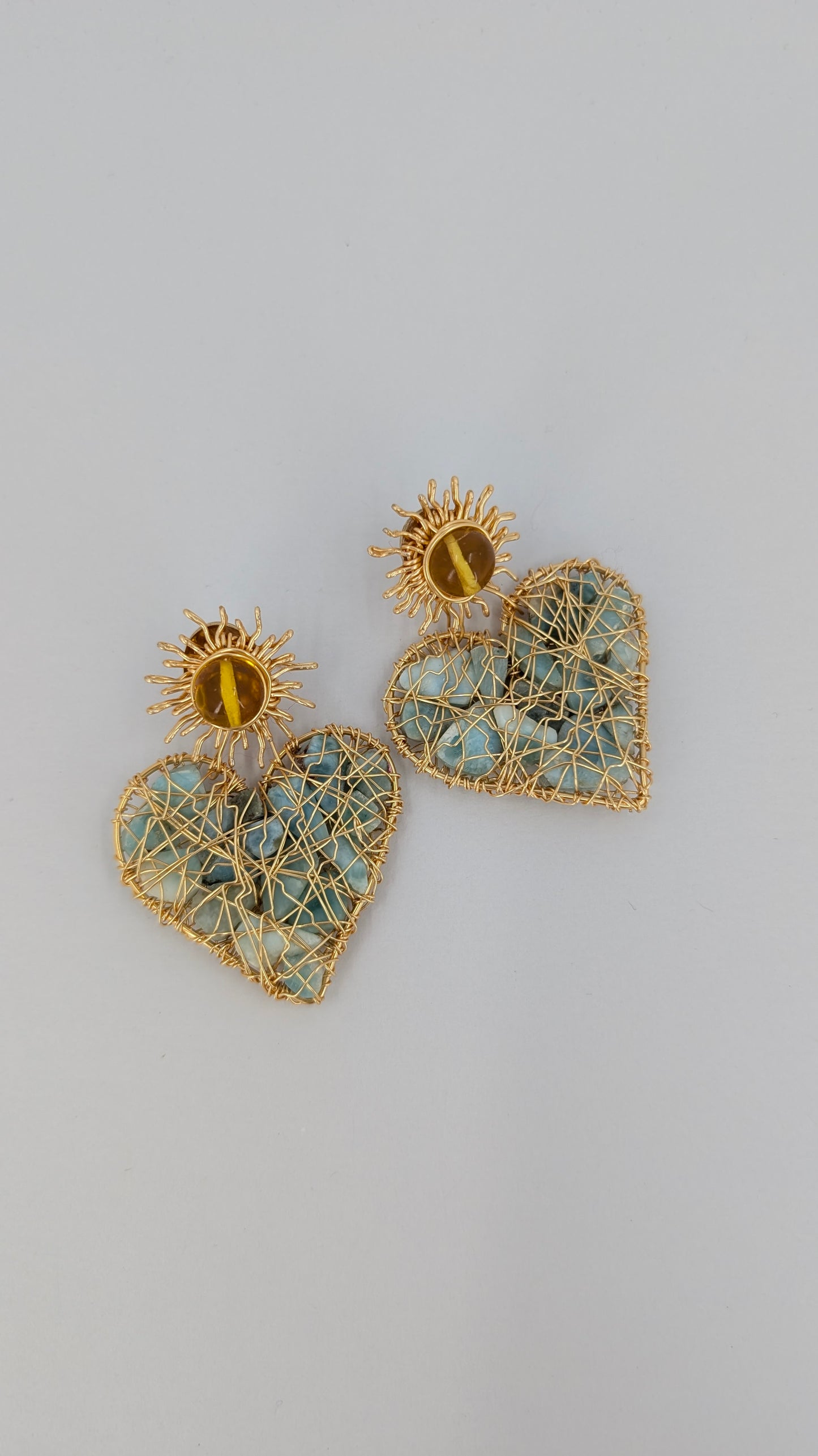 Heartcatcher  Danglers earrings with larimar and amber