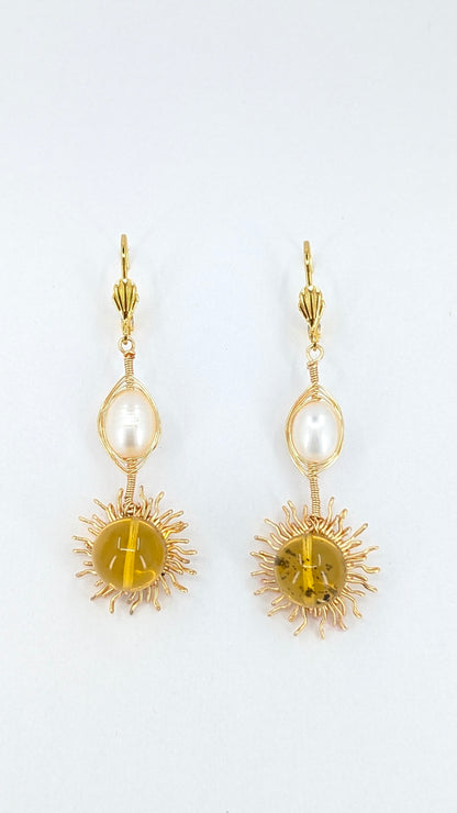 Aura honey River pearl with ambar sunshine dangler earrings