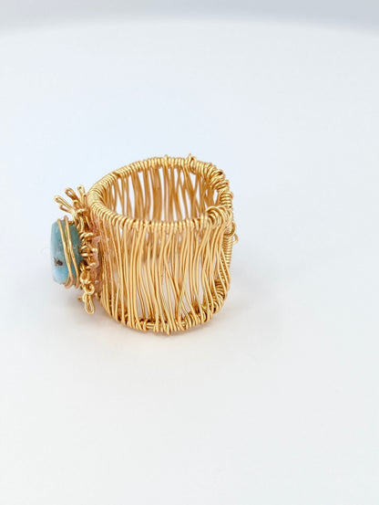 Flat larimar sunshine adjustable ring