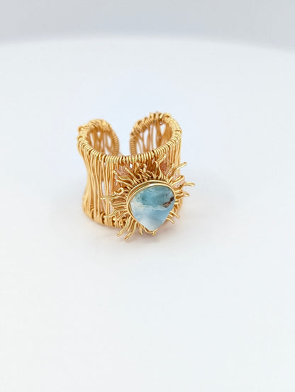 Flat larimar sunshine adjustable ring