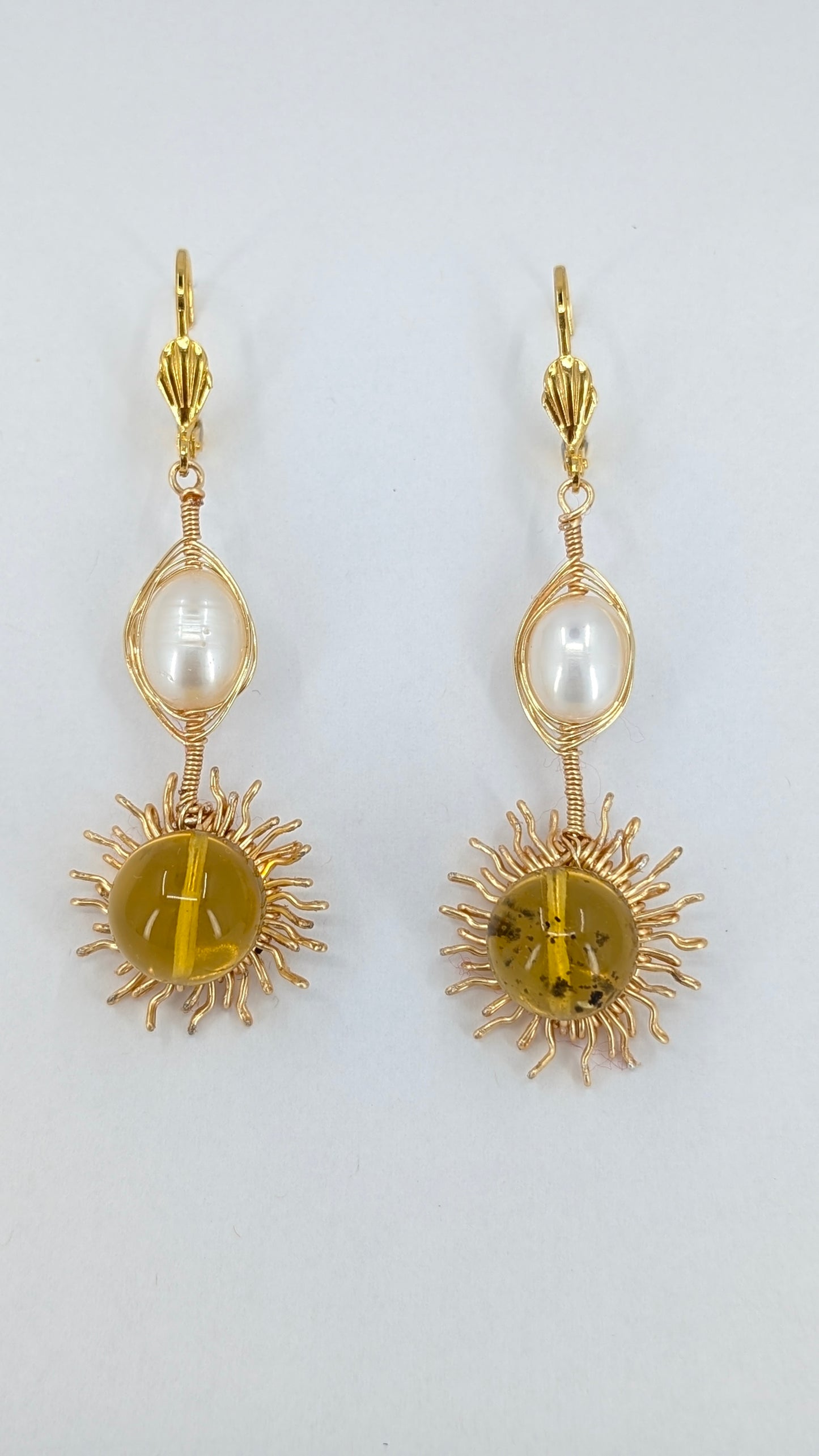 Aura honey River pearl with ambar sunshine dangler earrings