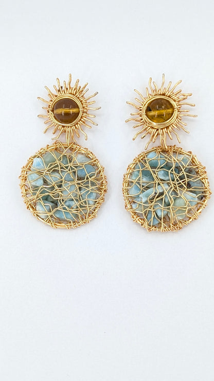 Ocean Dreamcatcher  Danglers Earrings with larimar and amber