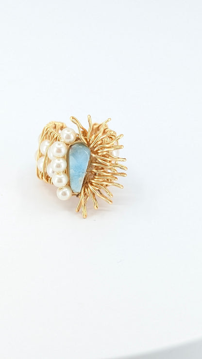 Half sunshine of larimar and river pearl ear cuff