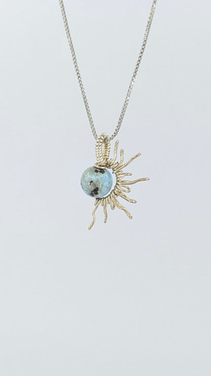 Handcrafted half sun pendant necklace with Larimar stone on a silver-tone adjustable chain