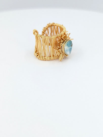 Flat larimar sunshine adjustable ring