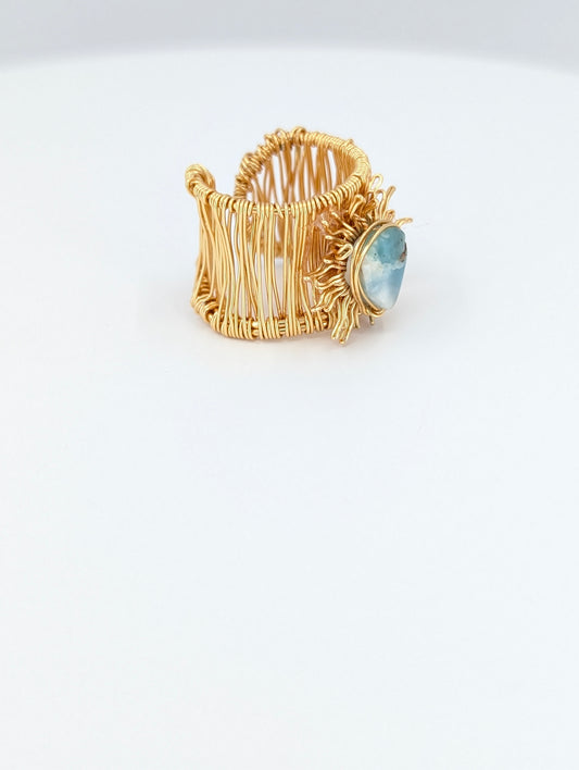 Flat larimar sunshine adjustable ring