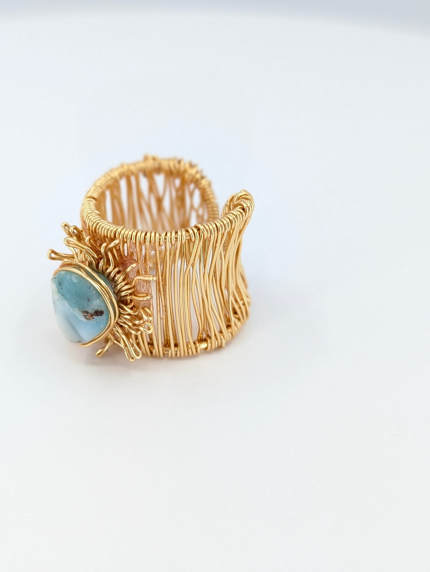 Flat larimar sunshine adjustable ring