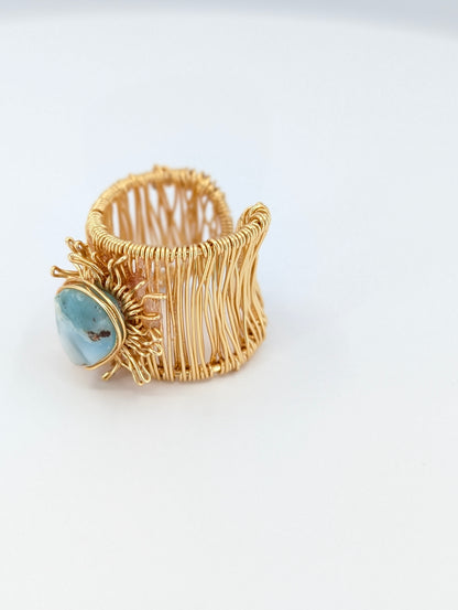Flat larimar sunshine adjustable ring