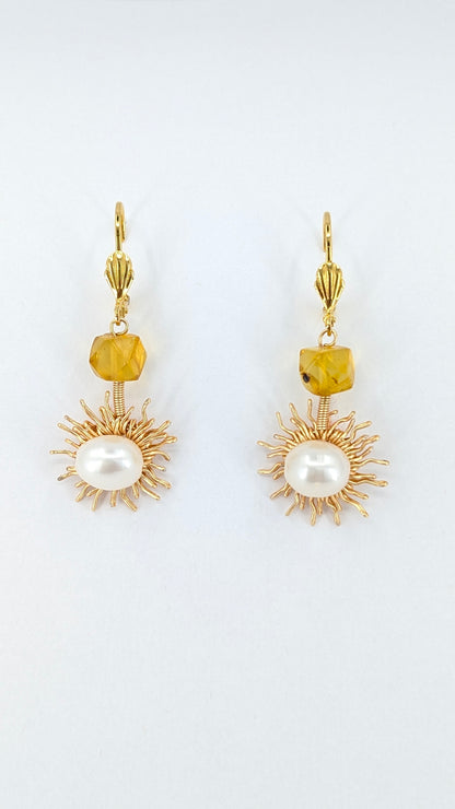 Honey drops Ambar with River pearl sunshine dangler earrings