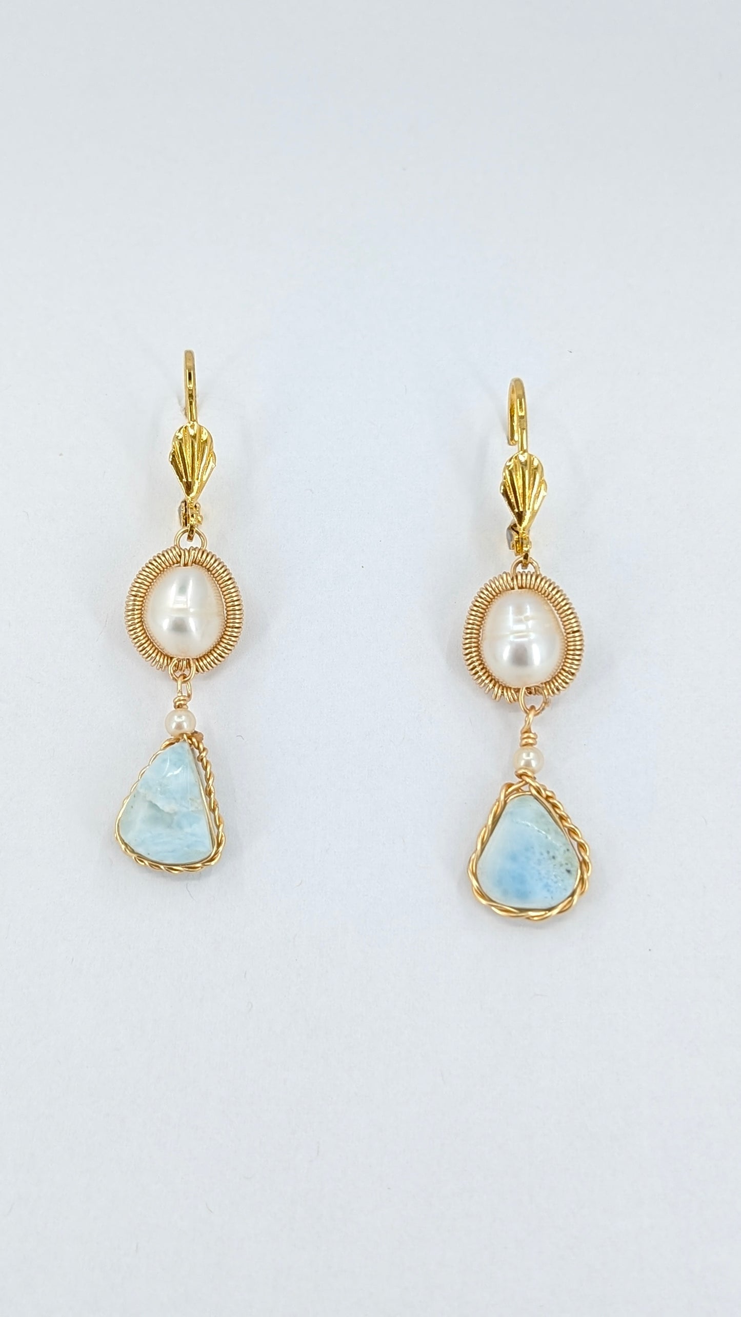 Mystic Aura River pearl and larimar sunshine halo dangler earrings