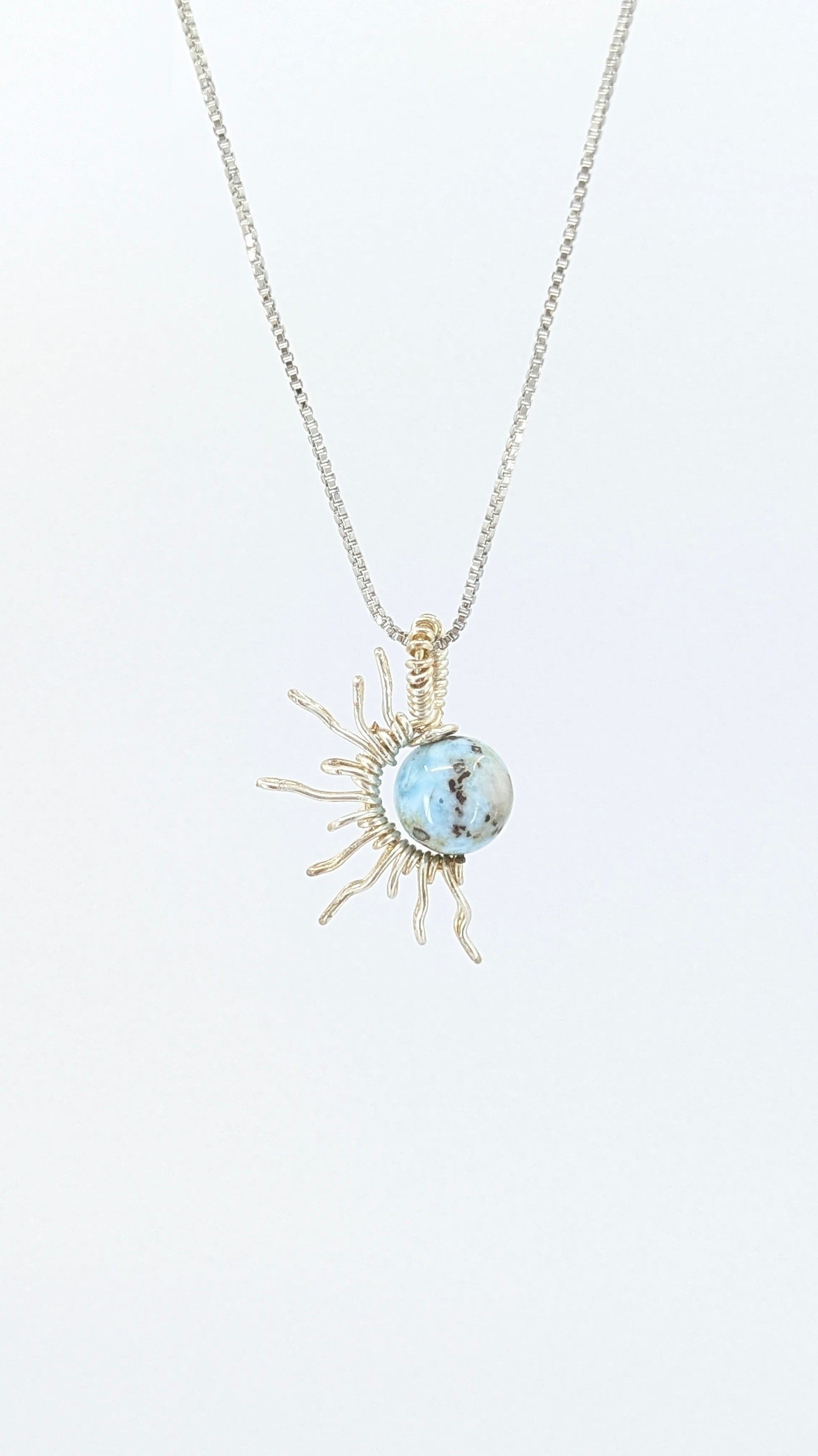 Handcrafted half sun pendant necklace with Larimar stone on a silver-tone adjustable chain