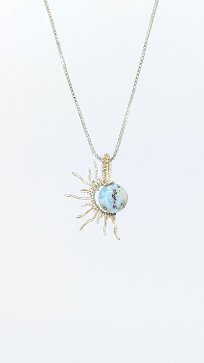Handcrafted half sun pendant necklace with Larimar stone on a silver-tone adjustable chain