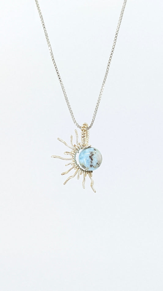 Handcrafted half sun pendant necklace with Larimar stone on a silver-tone adjustable chain