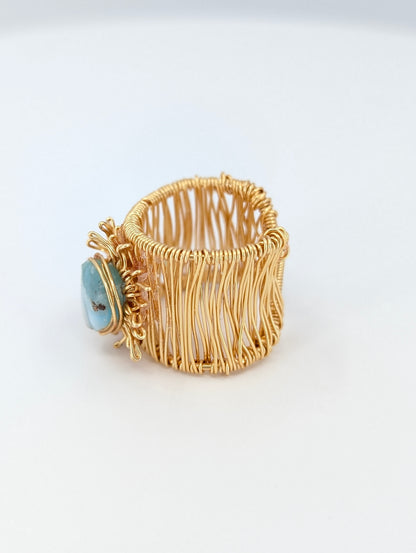 Flat larimar sunshine adjustable ring