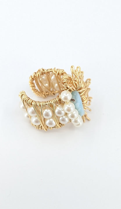 Half sunshine of larimar and river pearl ear cuff