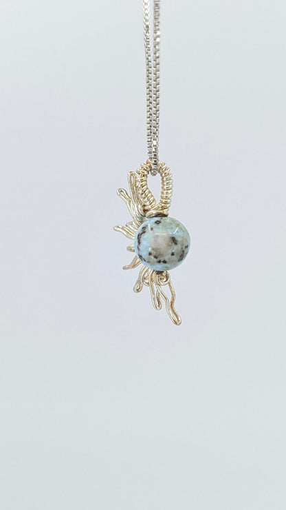 Handcrafted half sun pendant necklace with Larimar stone on a silver-tone adjustable chain