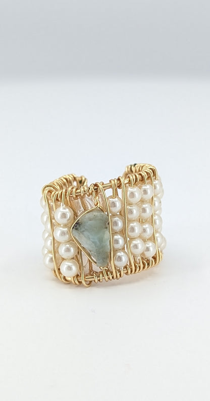 Larimar stone with mini river pearls ear cuff