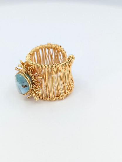Flat larimar sunshine adjustable ring