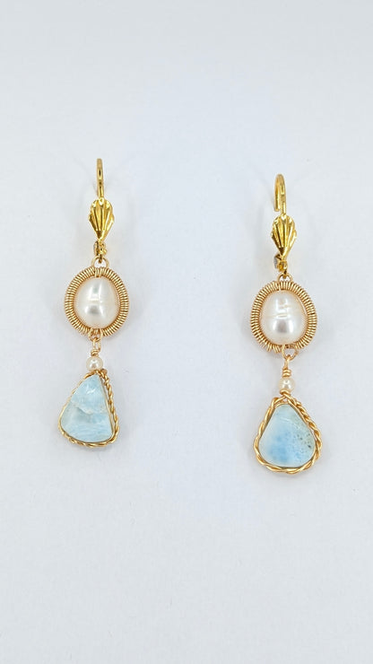 Mystic Aura River pearl and larimar sunshine halo dangler earrings
