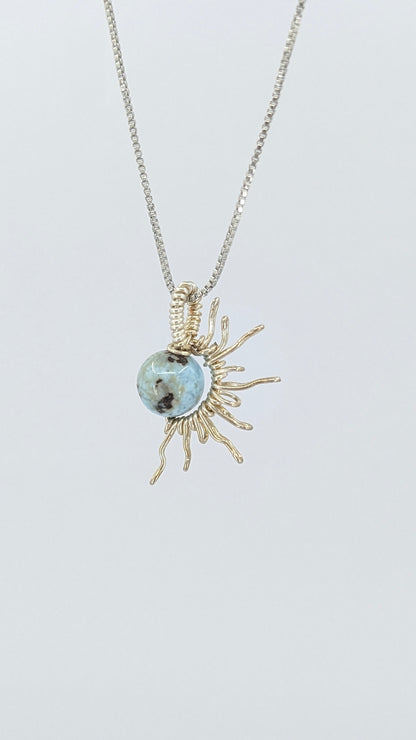 Handcrafted half sun pendant necklace with Larimar stone on a silver-tone adjustable chain