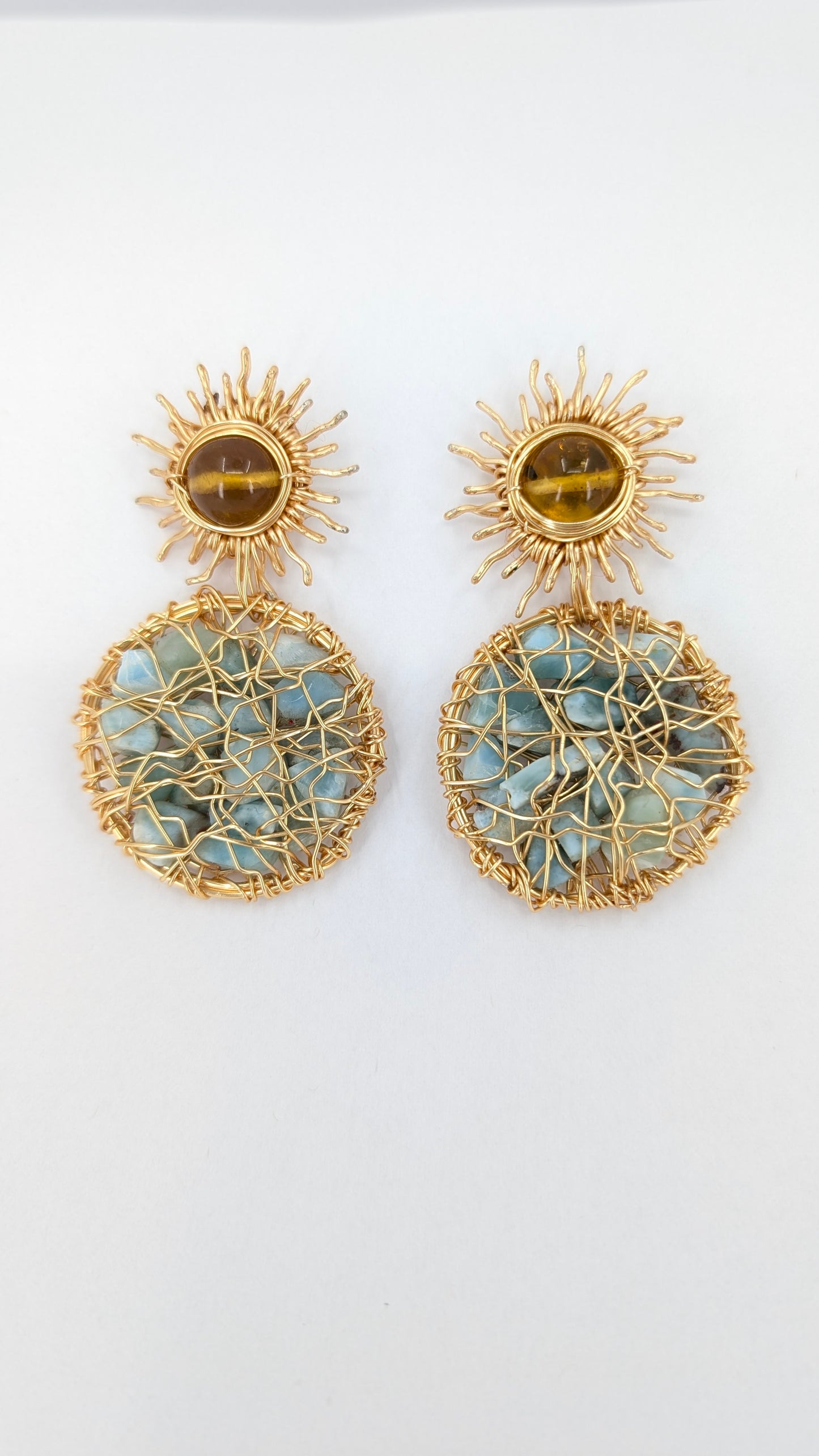 Ocean Dreamcatcher  Danglers Earrings with larimar and amber